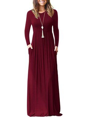 Women's Wine Red Crew Neck Long Sleeve Pull On Casual Soft Pockets Maxi Dresses